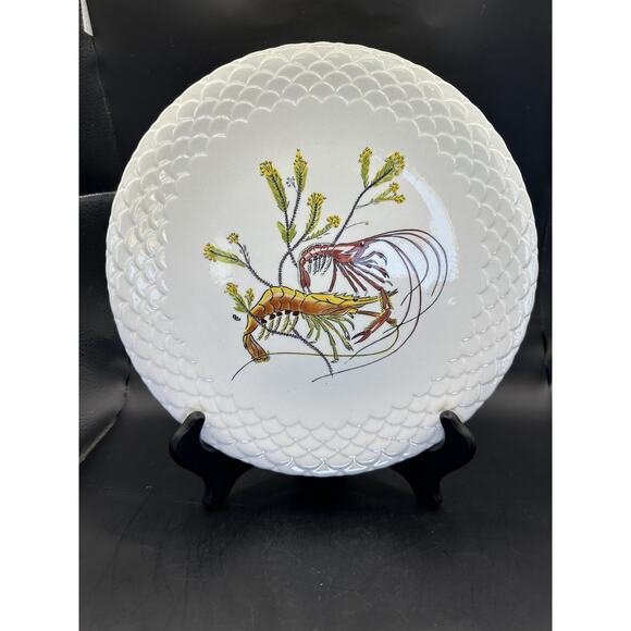 GIEN Grands Crustaces #11 Two Shrimp Hand Painted Faience 10" Plate France 1961 - Picture 2 of 7